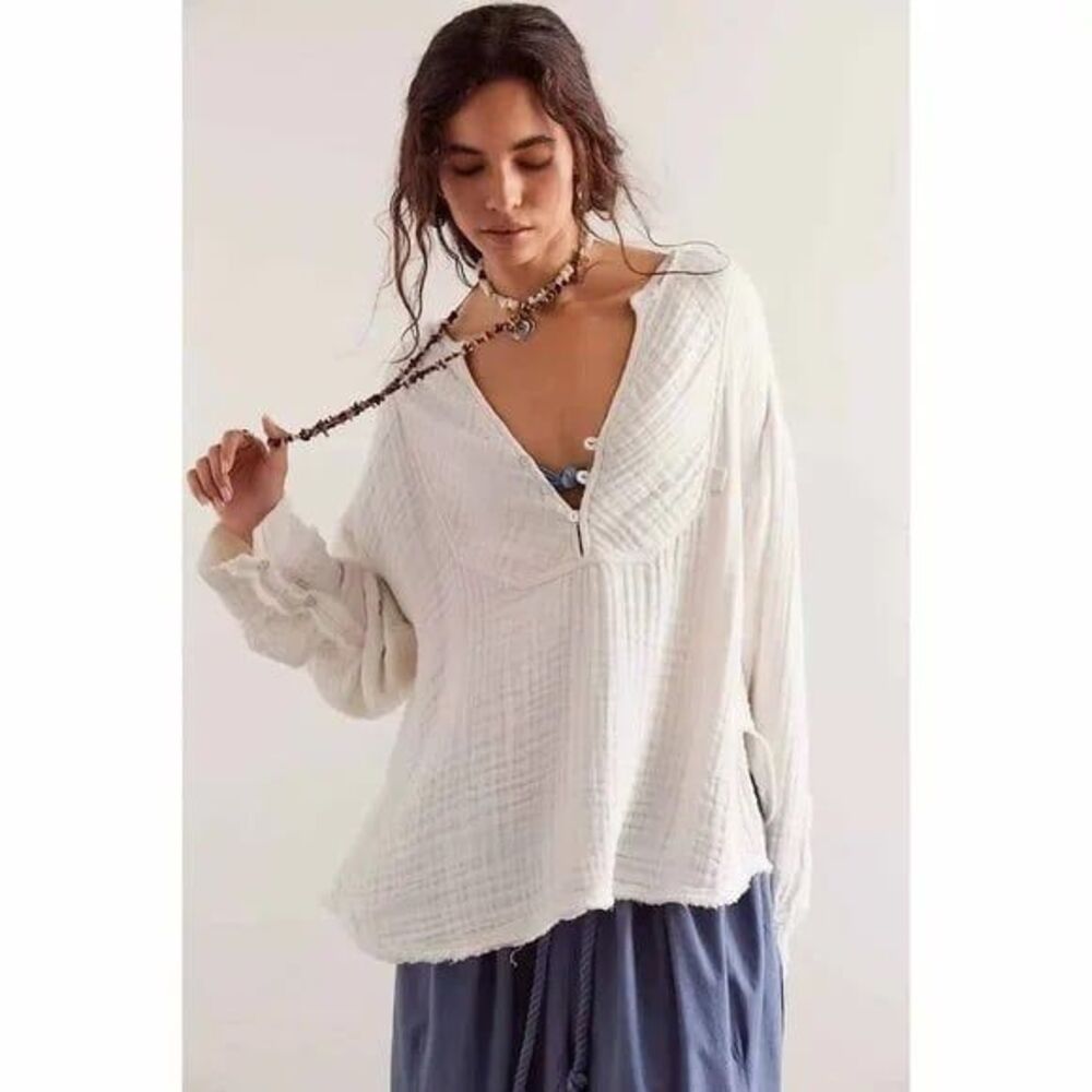 Free People Cream Gauze Peasant Top